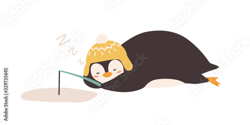 Polar animal sleeping at fishing vector flat illustration