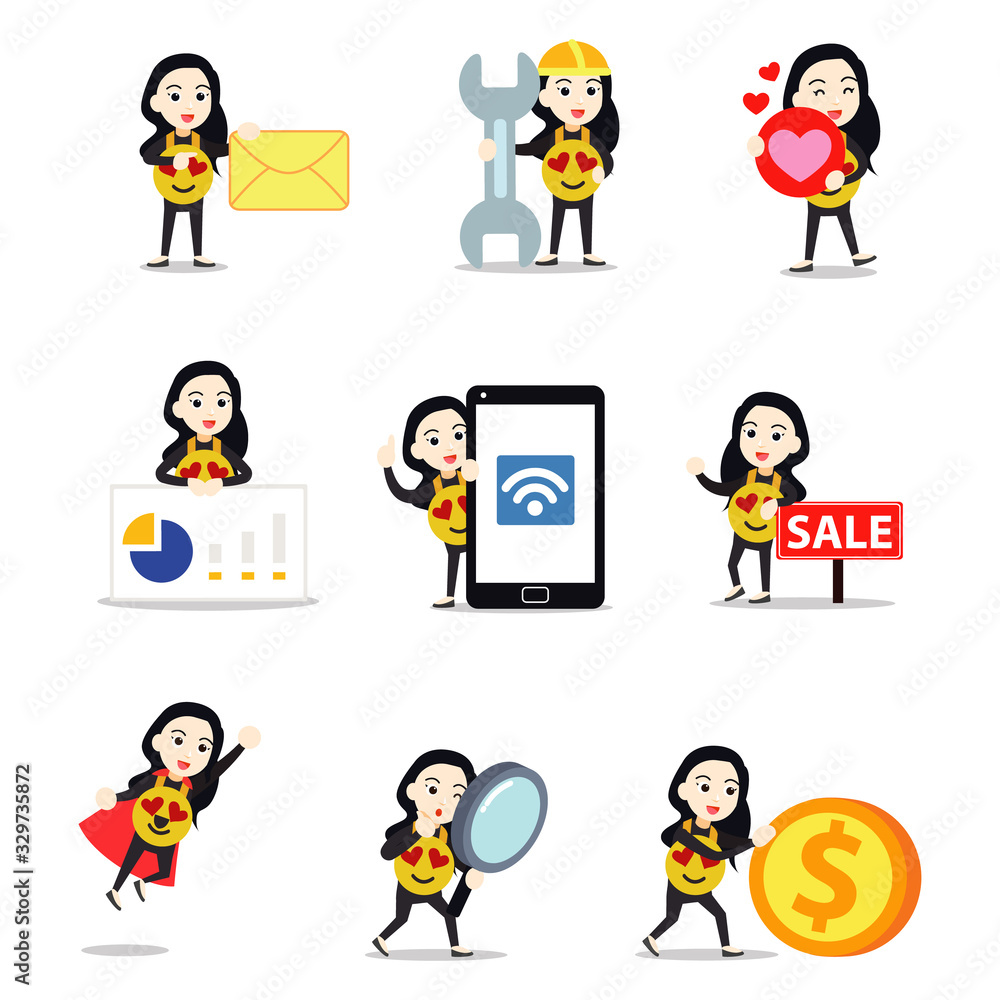 Set character of woman sends a smiling emoticon to express her feeling. Set character of woman sends a smiling emoticon to express her feeling.