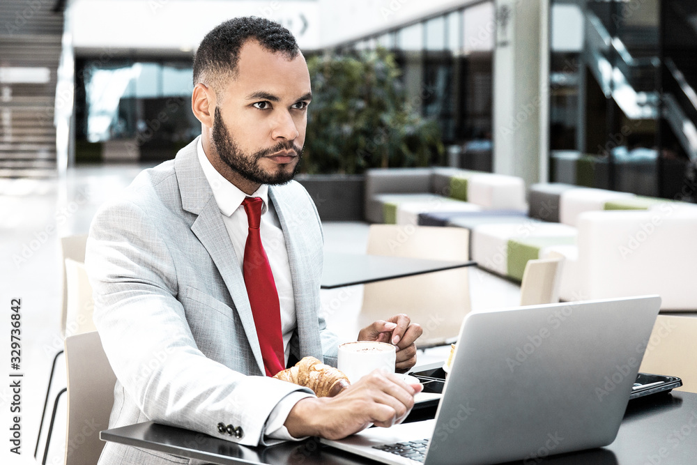 Serious businessman using laptop and looking away in cafe. Business man sitting at table with food and working on project. Wi-Fi concept Serious businessman using laptop and looking away in cafe. Business man sitting at table with food and working on project. Wi-Fi concept
