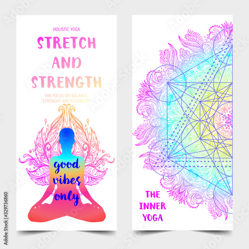 Stretch and Strength. Yoga card design. Colorful template for spiritual retreat or yoga studio. Ornamental business cards, oriental pattern. Vector illustration.