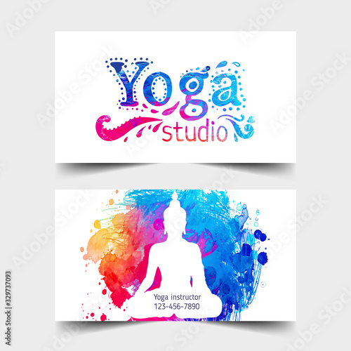 Stretch and Strength. Yoga card design. Colorful template for spiritual retreat or yoga studio. Ornamental business cards, oriental pattern. Vector illustration.