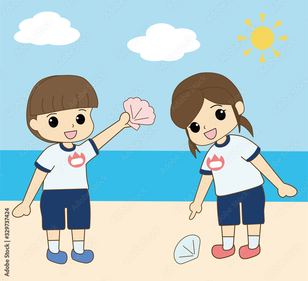海で貝殻拾いをする、体操服を着た子供 A child in gym clothes picking up shells in the sea 海で貝殻拾いをする、体操服を着た子供 A child in gym clothes picking up shells in the sea