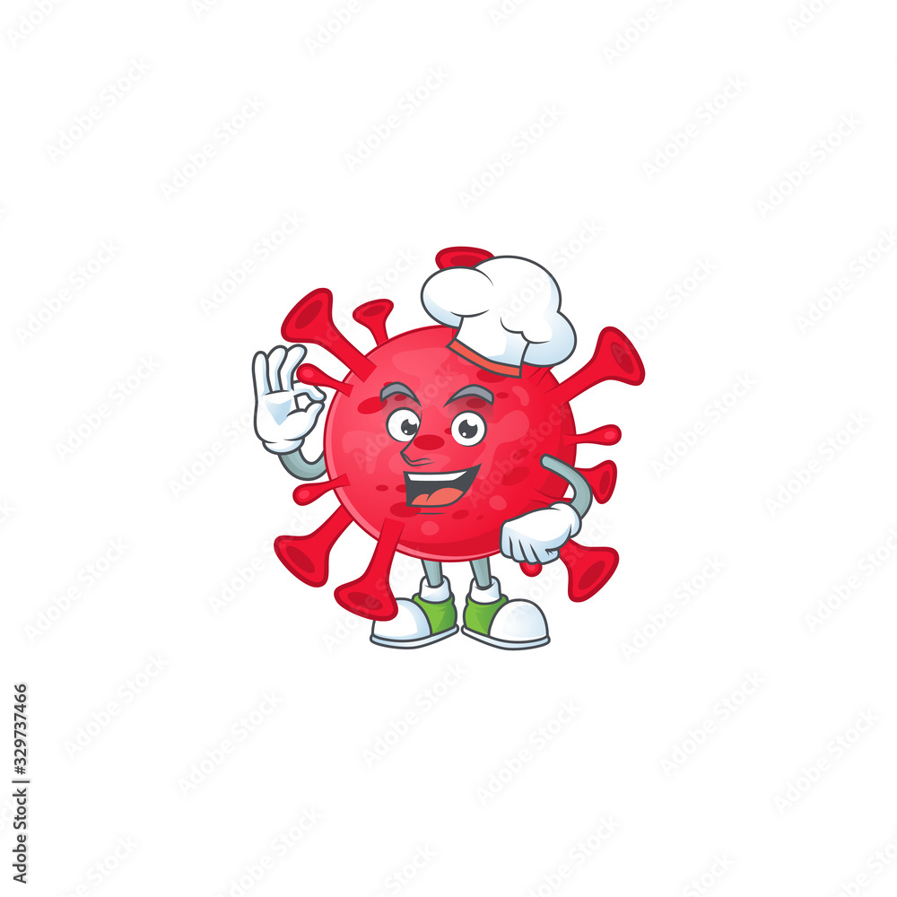 A picture of coronavirus amoeba cartoon character wearing white chef hat