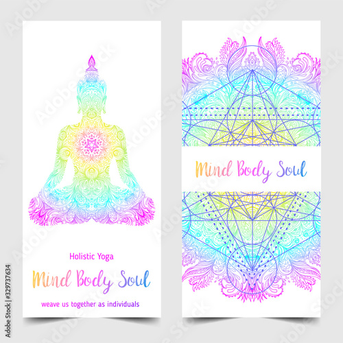 Stretch and Strength. Yoga card design. Colorful template for spiritual retreat or yoga studio. Ornamental business cards, oriental pattern. Vector illustration.