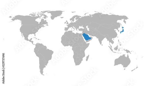 Saudi arabia  japan highlighted on world map. Business concepts  political  trade  economic relations.