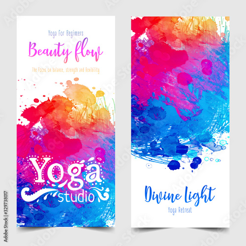 Stretch and Strength. Yoga card design. Colorful template for spiritual retreat or yoga studio. Ornamental business cards, oriental pattern. Vector illustration.