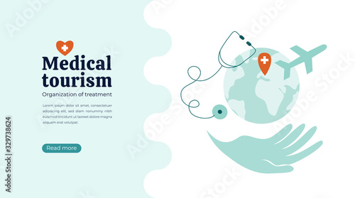 Organization of medical tourism, treatment all over the world. Vector illustration of helping hand with Earth and airplane. Globe and stethoscope on white background. Layout, flyer, web page concept.