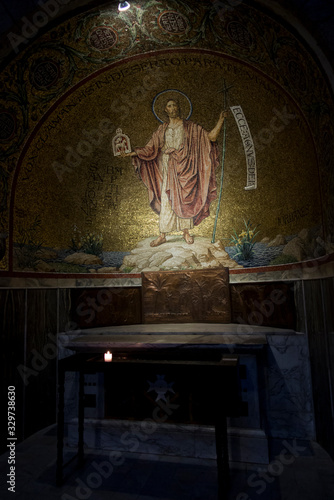 Jerusalem, Israel, January 30, 2020 : Decoratively decorated interior of Dormition Abbey in old city of Jerusalem,