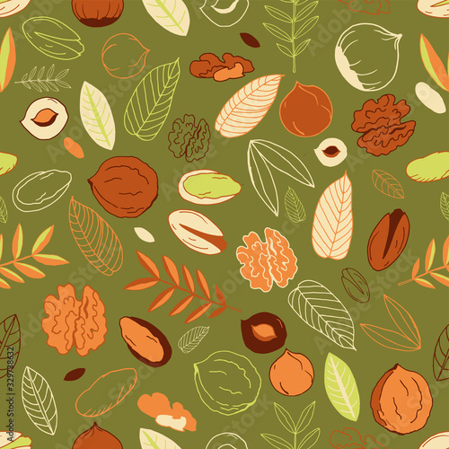 Seamless pattern with walnuts, pistachios with hazelnuts and leaves on an olive background. Doodles. Whole nuts, peeled and unpeeled.