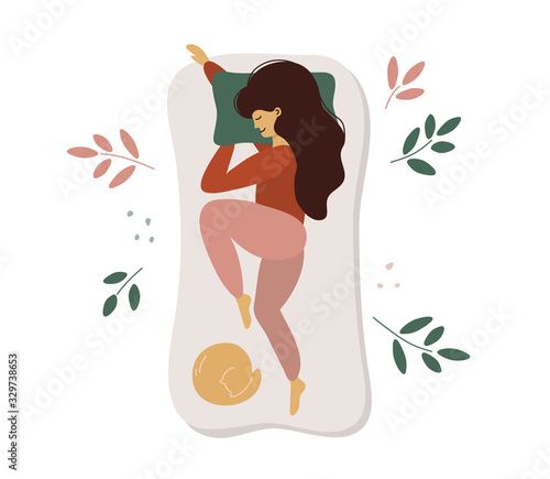 Young woman sleeps on side. Vector illustration of cute girl and cat in bed. Female character and different poses of sleeping. Sweet dream, good health, time for yourself concept. Advert of mattress.