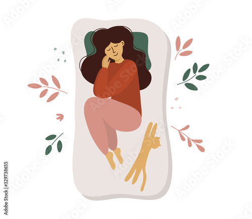 Cute girl sleeps on side. Postcard of woman and cat in bed. Girl in pajama sleeping in different poses. Mattress for sweet dreams. Time for yourself, healthcare, relax concept. Vector illustration, ad