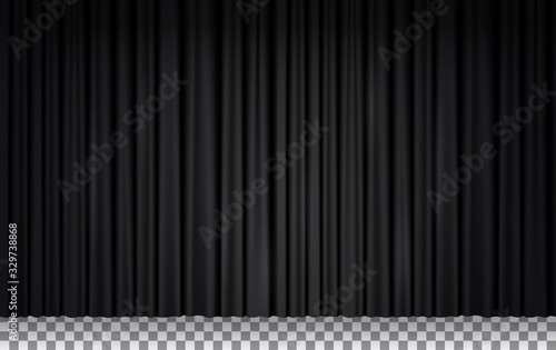 Black velvet curtain in theater or cinema. Vector realistic closed stage curtains lighted by spotlight. Black fabric drapes in opera isolated on transparent background photo