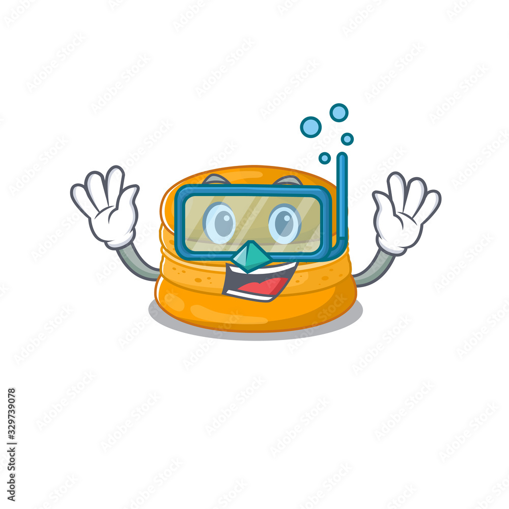 A cartoon picture featuring orange macaron wearing Diving glasses
