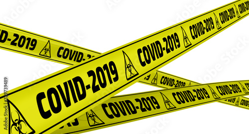 COVID-2019. Yellow warning tapes. Yellow warning tapes with black text COVID-2019 (The 2019 novel coronavirus, also known as 2019-nCoV). Isolated. 3D illustration