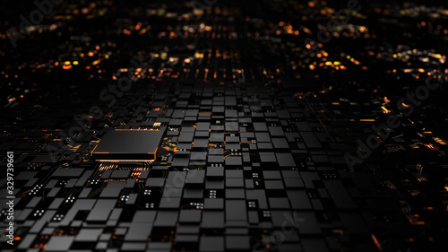 Microprocessor chipset central processor unit on the illumination circuit computer mainboard. Cyber and futuristic concept, hardware, AI, electronics and technology, with copy space