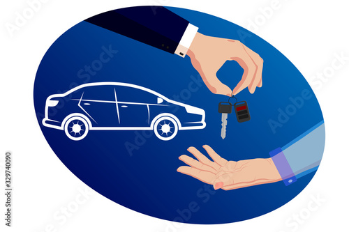 Hand of the seller in a suit gives the car keys to the buyer after the sale. Vector horizontal orientation