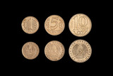 set of Kazakhstan coin 2000 year, 1 5 10 tenge. Isolated object on a black background. Close-up on both sides