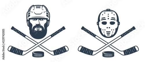 Hockey goalie mask logo with crossed sticks. Bearded player in helmet - retro abstract emblem. Vector illustration.