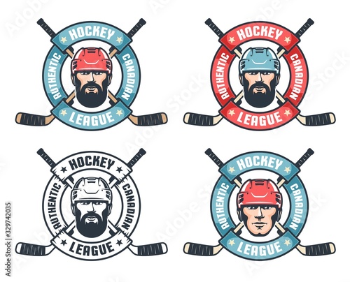 Hockey vintage logo with bearded player, crossed sticks and round ribbon. Sport retro emblem. Vector illustration.