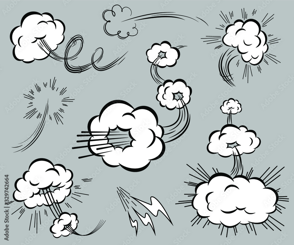 Set of speed elements in the style of comics. Isolated blasting clouds with moving trails. Vector illustration - obrazy, fototapety, plakaty 