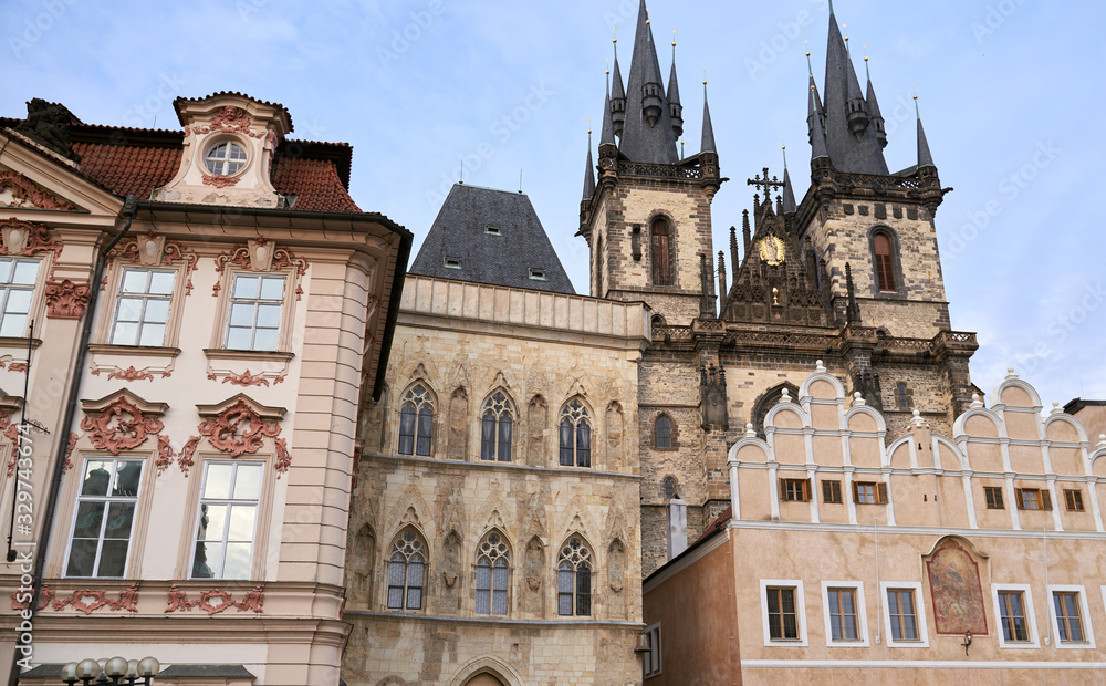 Prague cityscape with historic cityscape and the Prague castle. Horizontal photo of colorful European city of Prague in Czech Republic daytime, cloudy sky, month of may, travel in tourist place.