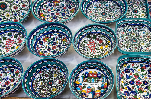 Blue porcelain souvenir stall in the old part of Jerusalem