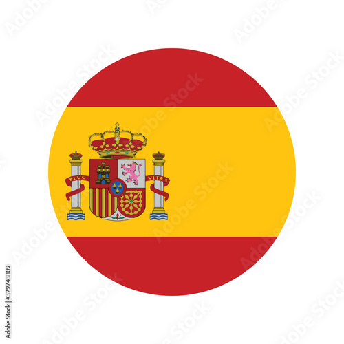 Flag of Spain, icon. Realistic color. Abstract concept. Raster illustration on white background, The Spanish flag. Round glossy icon. Isolated on white background.