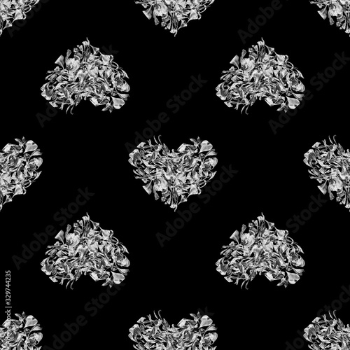 Seamless pattern silver hearts made of flower petals isolated  black background  grey shiny metal heart shape repeating ornament  gray metallic love sign print  vintage wallpaper  decorative backdrop