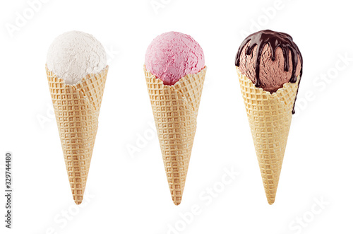 Set of classic flavor ice cream cones in waffle cone - white, pink, brown with chocolate sauce isolated on white.