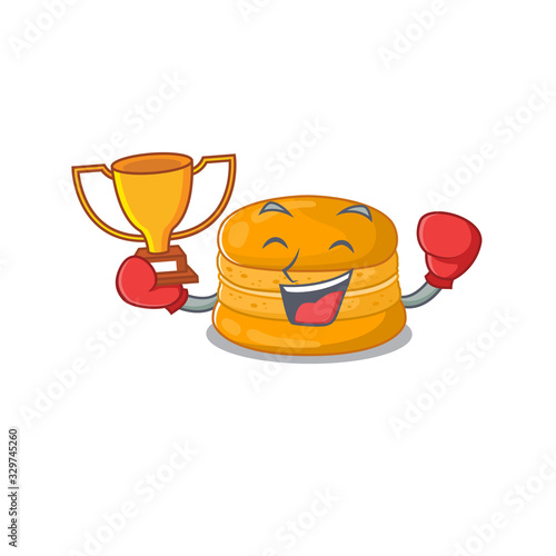 Happy face of boxing winner orange macaron in mascot design style
