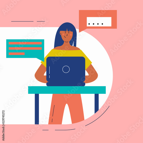 Freelance or studying concept. Successful business woman. Flat vector illustration of young programmer coding on the laptop