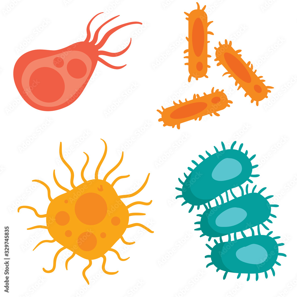 Different Kinds of Viruses. Bacteria Biology Organisms . Virus Infection Ebola Epidemic Sick. Medical Genetics Bacteriological Microorganism. Flat Vector Illustration, Different Kinds of Viruses. Bacteria Biology Organisms . Virus Infection Ebola Epidemic Sick. Medical Genetics Bacteriological Microorganism. Flat Vector Illustration,