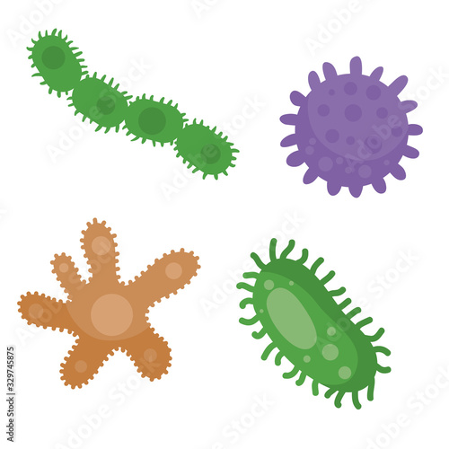 Different Kinds of Viruses. Bacteria Biology Organisms . Virus Infection Ebola Epidemic Sick. Medical Genetics Bacteriological Microorganism. Flat Vector Illustration,