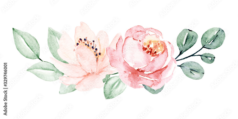 Floral border of watercolor spring flowers pink roses, blossom Illustration hand painted. Isolated on white background. Perfectly for greeting card design.