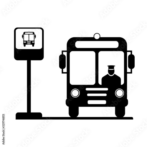 Silhouette of bus with a driver at the stop sign. Logo, icon, symbol. Simple vector illustration.