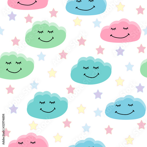 Seamless pattern with smiling clouds and stars. Cute print for children. Funny vector illustration.