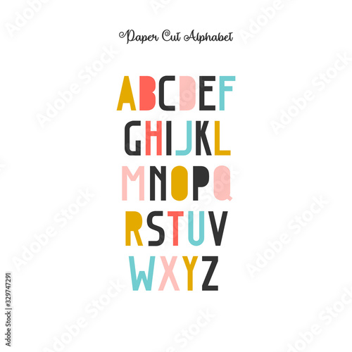 Nordic, scandinavian, folk font. Children, kids font for nursery prints, cards. Alphabet decor, lettering geometric design elements. Isolated paper cut vector letters.