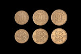 Set of old Estonian coin isolated on black, 10 20 50 senti. Coinage, close-up.