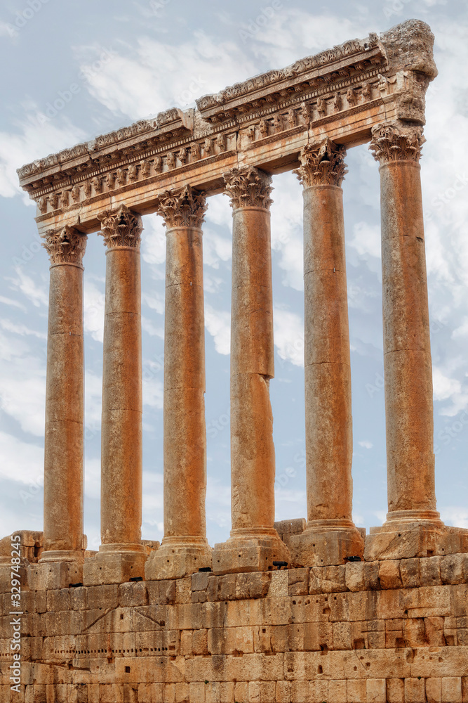 Six columns of Baalbek in Beqaa Valley, Lebanon. It is located about 85 km northeast of Beirut and about 75 km north of Damascus. It has led to its designation as a UNESCO World Heritage Site in 1984.