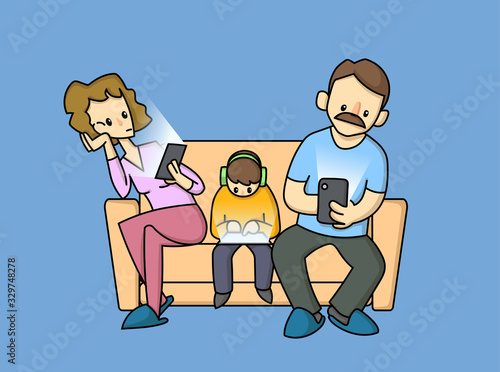 Modern family addicted to electronic gadgets sitting on a couch. Flat cartoon vector illustration, isolated on blue background.