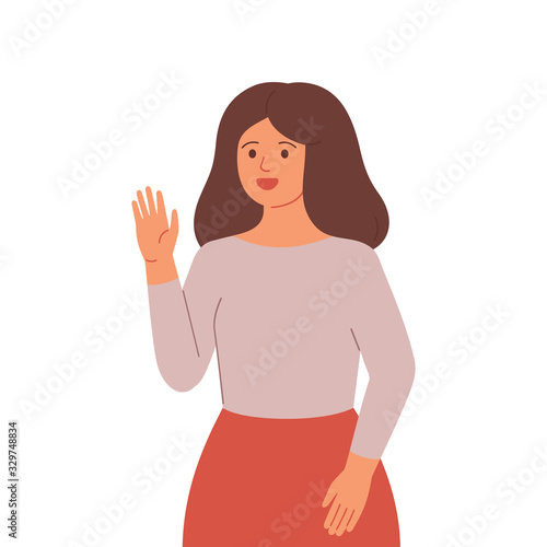 Friendly Girl is greeting gesture. Young woman waving hand and saying hello or goodbye. Flat vector illustration