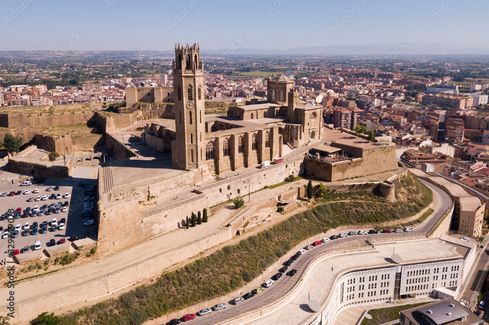 View from drone of Cathedral of Lleida