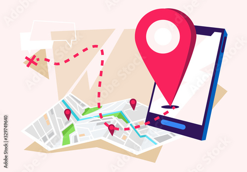 Vector illustration of a paper map of the area , marks on the map, with a mobile phone, the direction of the route