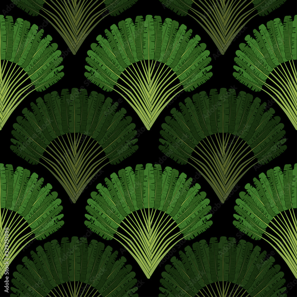 .Ravenala madagascariensis seamless pattern.Vintage texture with fan ...
