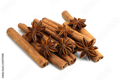 Cinnamon sticks and star anise spice isolated on white background