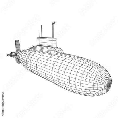 Military atomic submarine underwater boat. Wireframe low poly mesh vector illustration