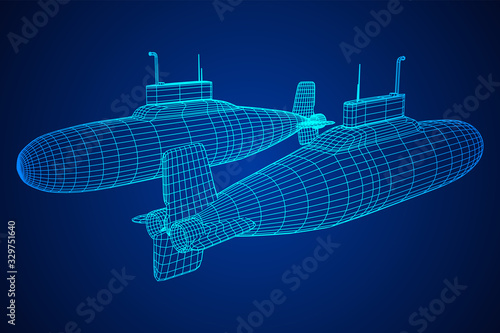 Military atomic submarine underwater boat. Wireframe low poly mesh vector illustration
