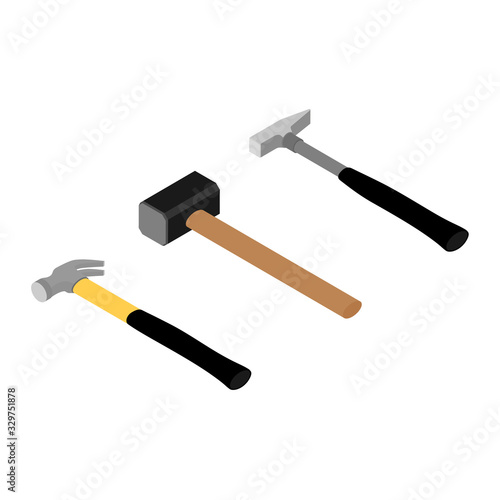 Set of iron hammers with black handle and sledge hammer isolated on white background.  Working tool.