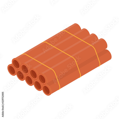 Stacked orange sanitary pvc pipes isolated on white background isometric view