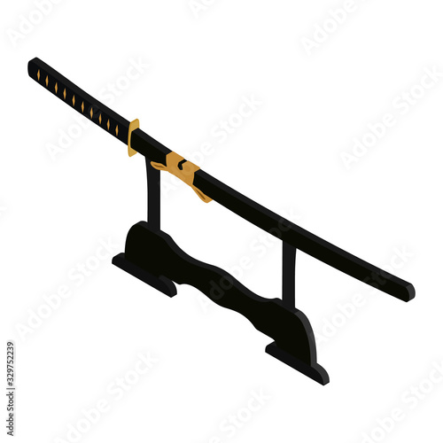 Vector illustration japanese katana sword in scabbard on sword stand, rack . Samurai sword, traditional weapon